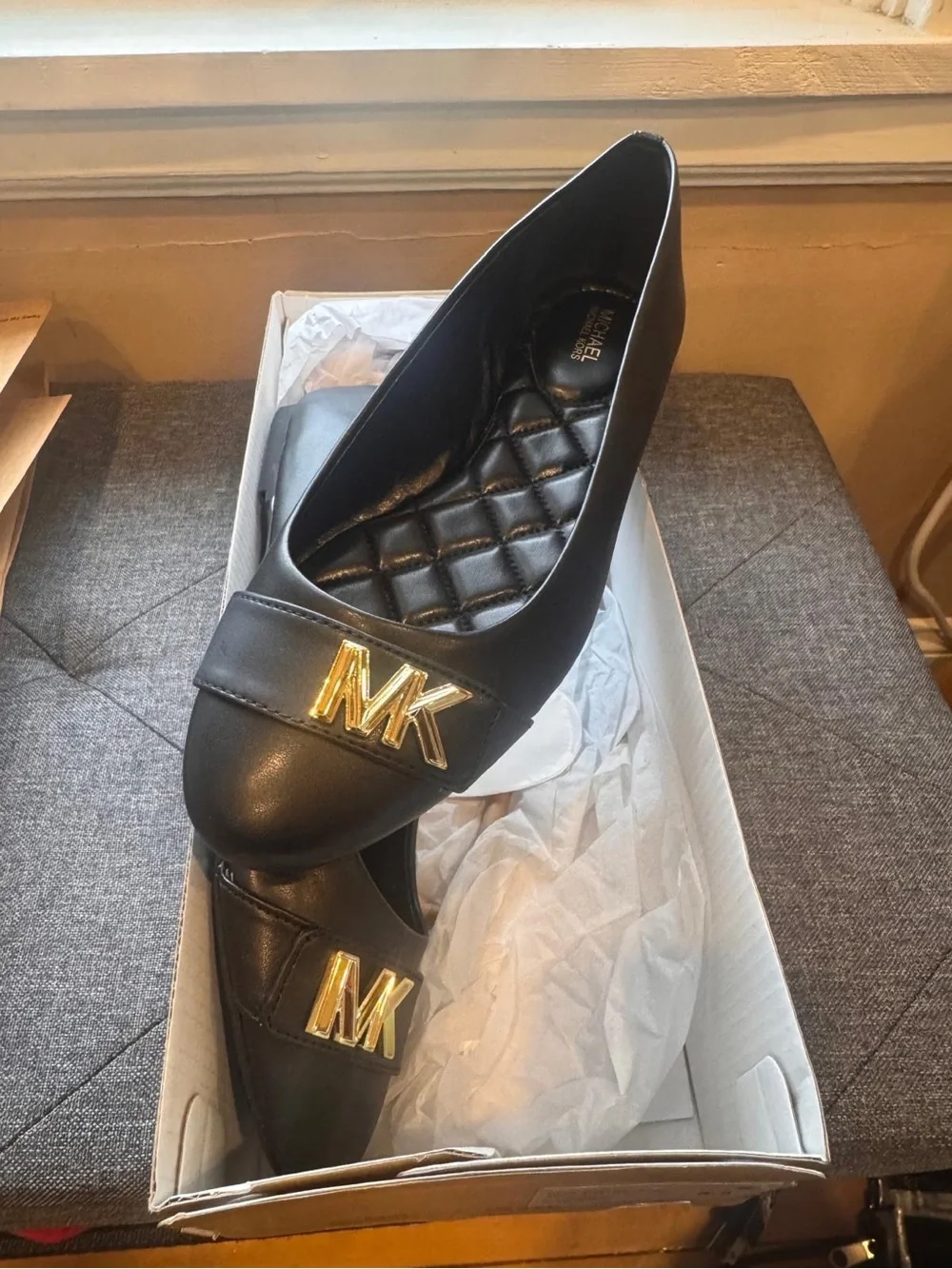 Michael Kors Black Ballet Flats with Gold MK Emblem